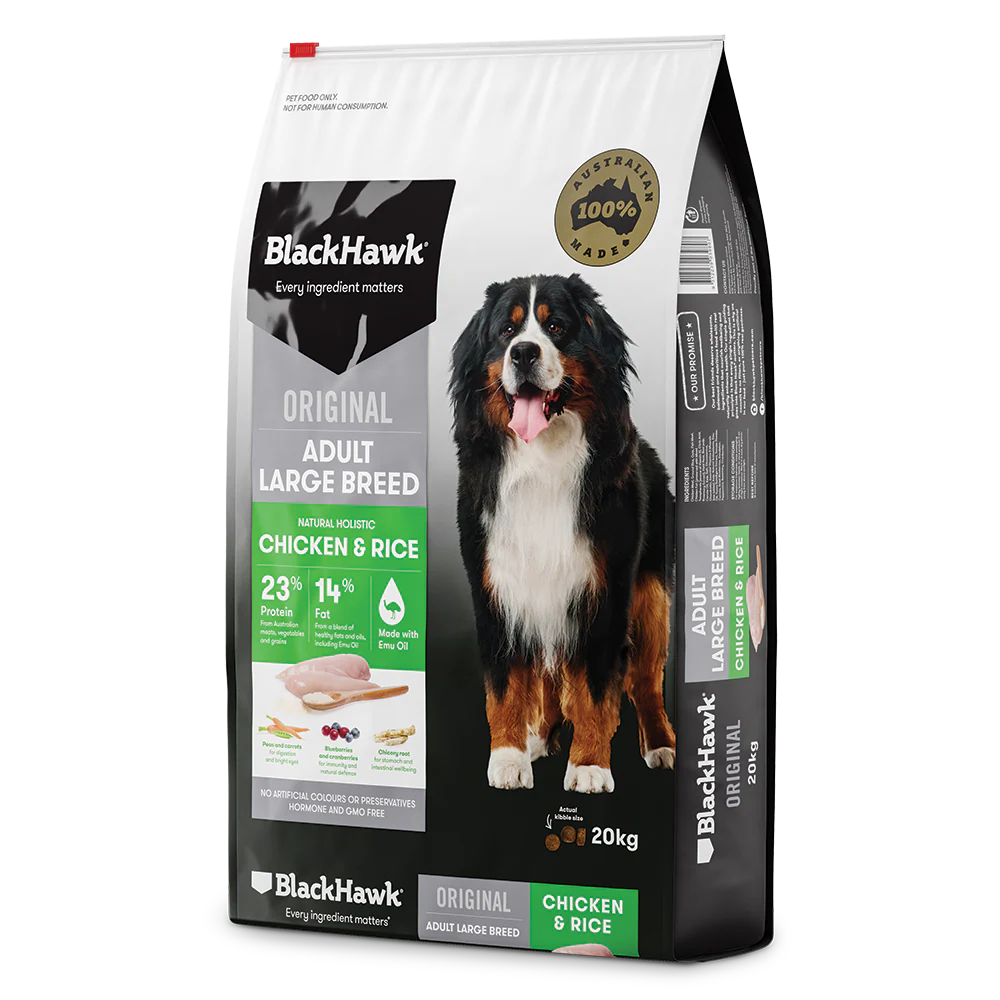 A Black Hawk Original Adult Large Breed Chicken and Rice 20kg bag on a plain white background.