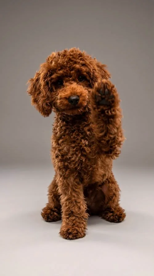 An apricot toy poodle sitting on a plain grey backdrop with one front paw raised.
